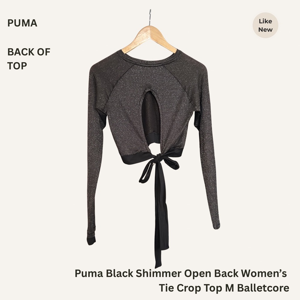 Puma Black Shimmer Open Back Women’s Tie Crop Top M Stretch Balletcore